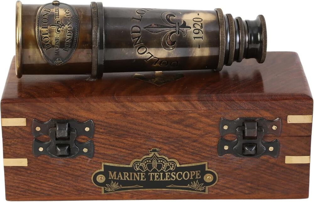 1920 Marine Telescope - Vintage Brass Spyglass with Wooden Box 15” Antique